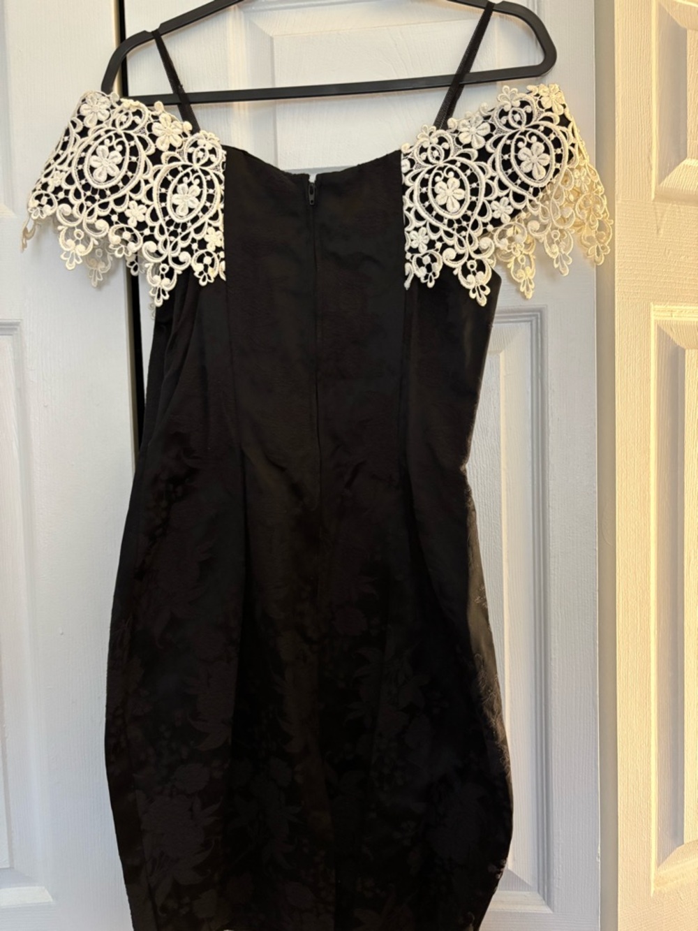 Vintage Gunne Sax Black Brocade Satin Mini Dress with White Floral Lace Accents - Picture 2 of 6